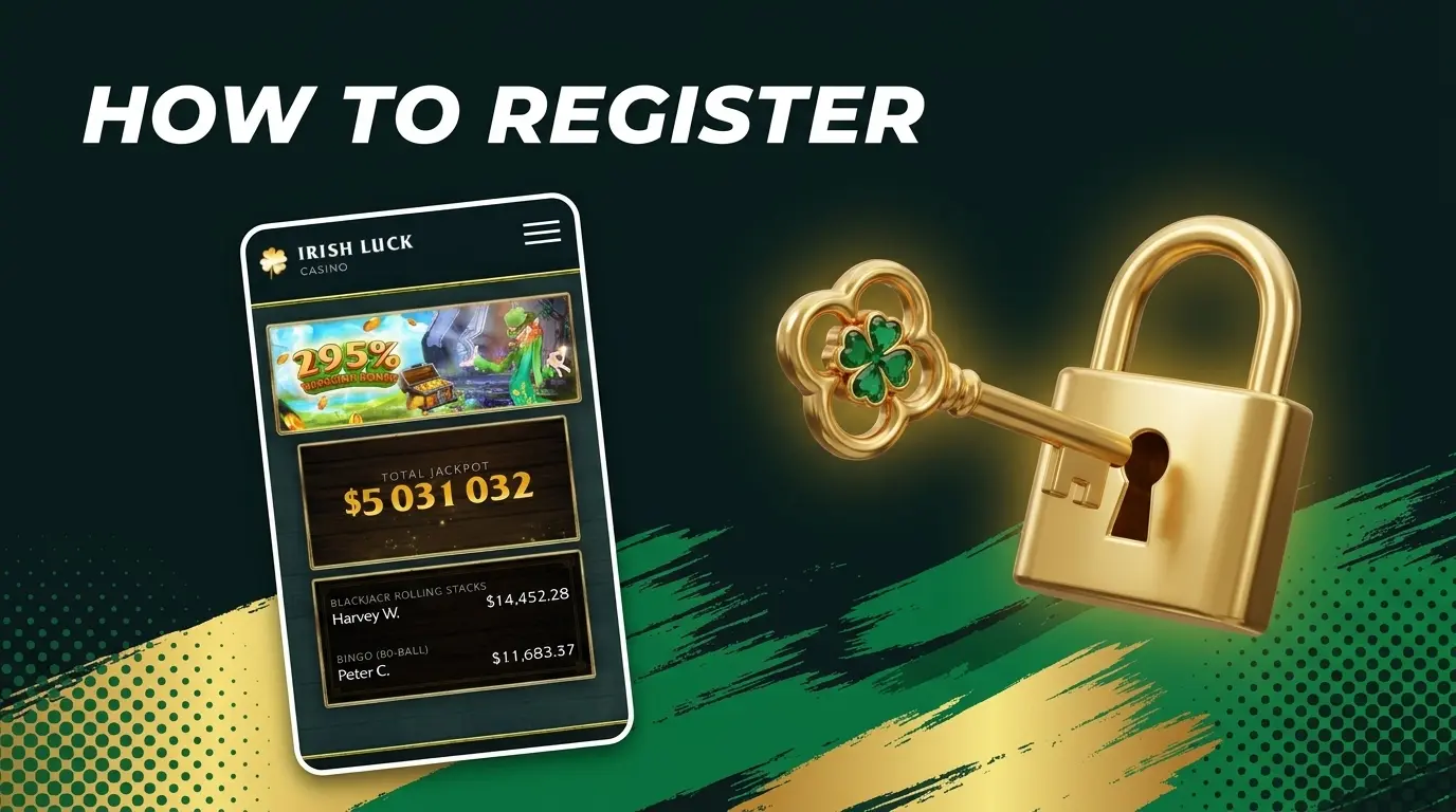 How to register at Irish Luck casino, banner with phone and golden key